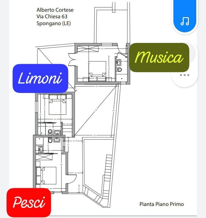 Piantina del piano primo con indicazione delle camere Limoni, Musica e Pesci